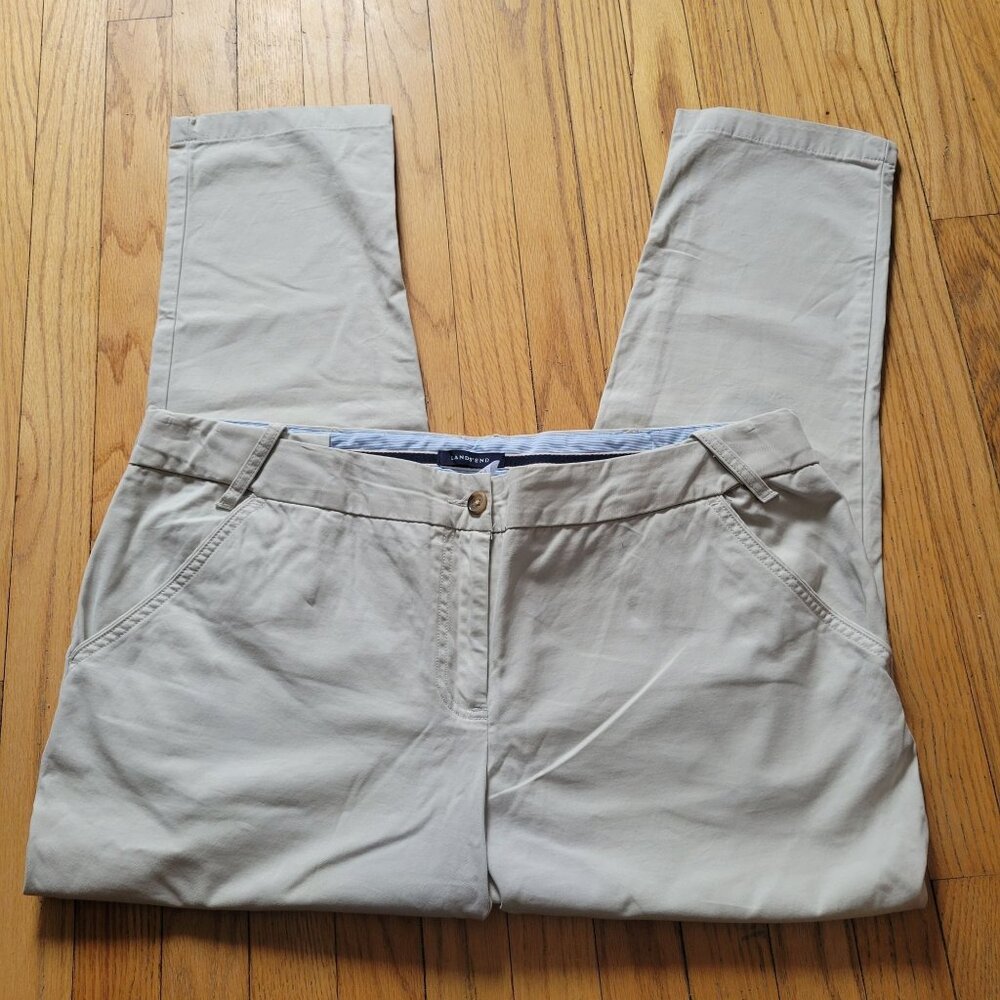 Lands End Adjustable Chino Pants Size 16W Blue Striped Cotton Blend